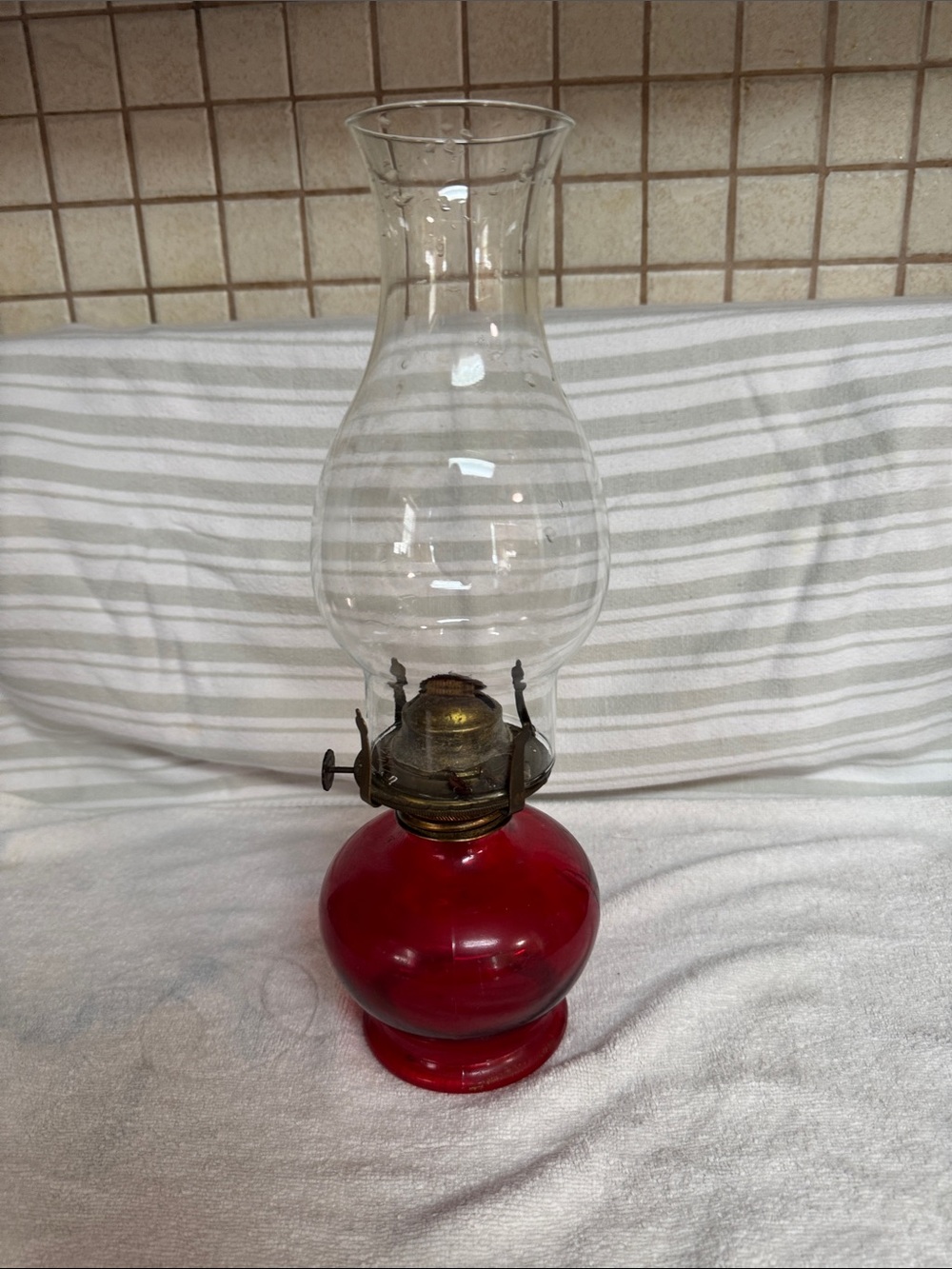 Vintage Ruby Red Glass Oil Lamp with Clear Chimney NO CRACKS